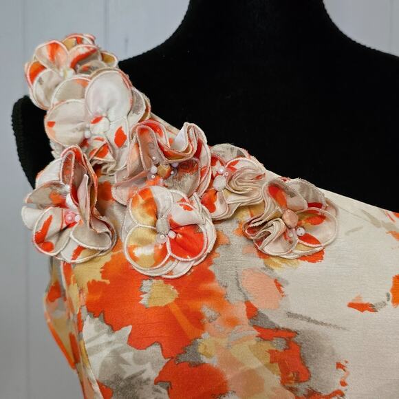 Tahari Arthur S. Levine Floral One‎ Shoulder Dress Orange White Fit & Flare Sz 8 - Picture 6 of 11